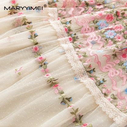 MARYYIMEI Nouvelle robe de créateur de mode vintage 2023 pour femmes, maille brodée, manches lanterne translucides, robe longue blanche slim