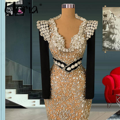 Vestidos de noche de lujo con diamantes de imitación, ilusión, escote redondo, manga larga, vestidos de tubo con cuentas 2023, vestidos formales para ocasiones especiales personalizados