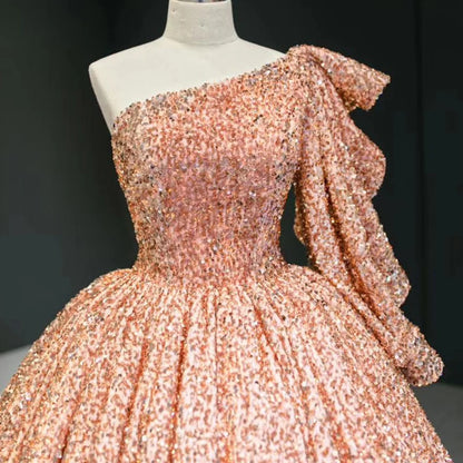 RSM67098 Robe de cocktail à paillettes, longueur au sol, longue robe de soirée rose, plissée, robe d'invitée de mariage pour femmes, robe de soirée