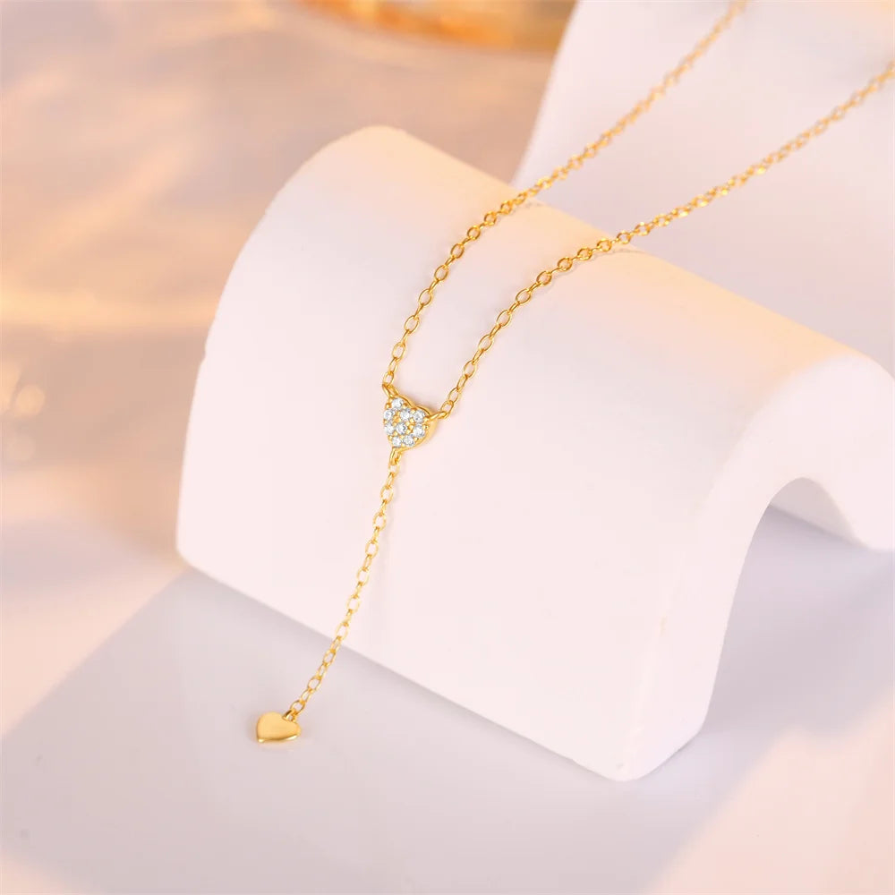 Aide 925 Sterling Silver Dual Heart Y-Shaped Chain Pendant Necklace For Women High Quality K Gold Collar Elegant Jewelry Gift