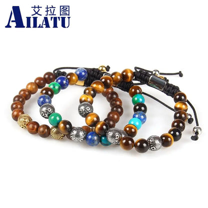 Pulsera de bolas de acero inoxidable de marca Ailatu de 10 piezas para hombre con cuentas de madera y piedra natural. Servicio de logotipo gratuito de alta calidad