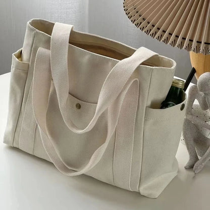 Women Multiple Pockets Handbag Canvas Shoulder Bag Gothic Tote High Quality Large Capacity Cotton Reusable Shopping Beach Bag