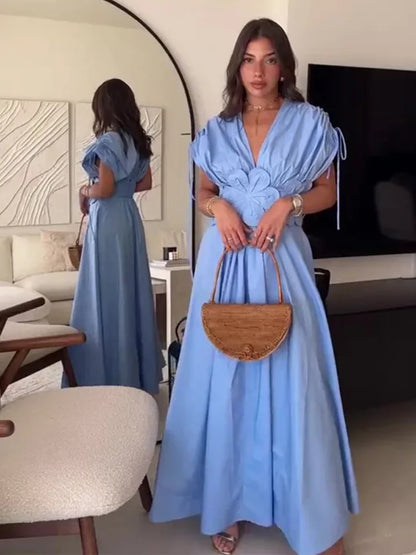 Women Summer Elegant Pleated Bow V Neck Blue Long Dresses 2024 New Sleeveless Wrapped Waist Maxi Dress Lady Vacation Party Robe