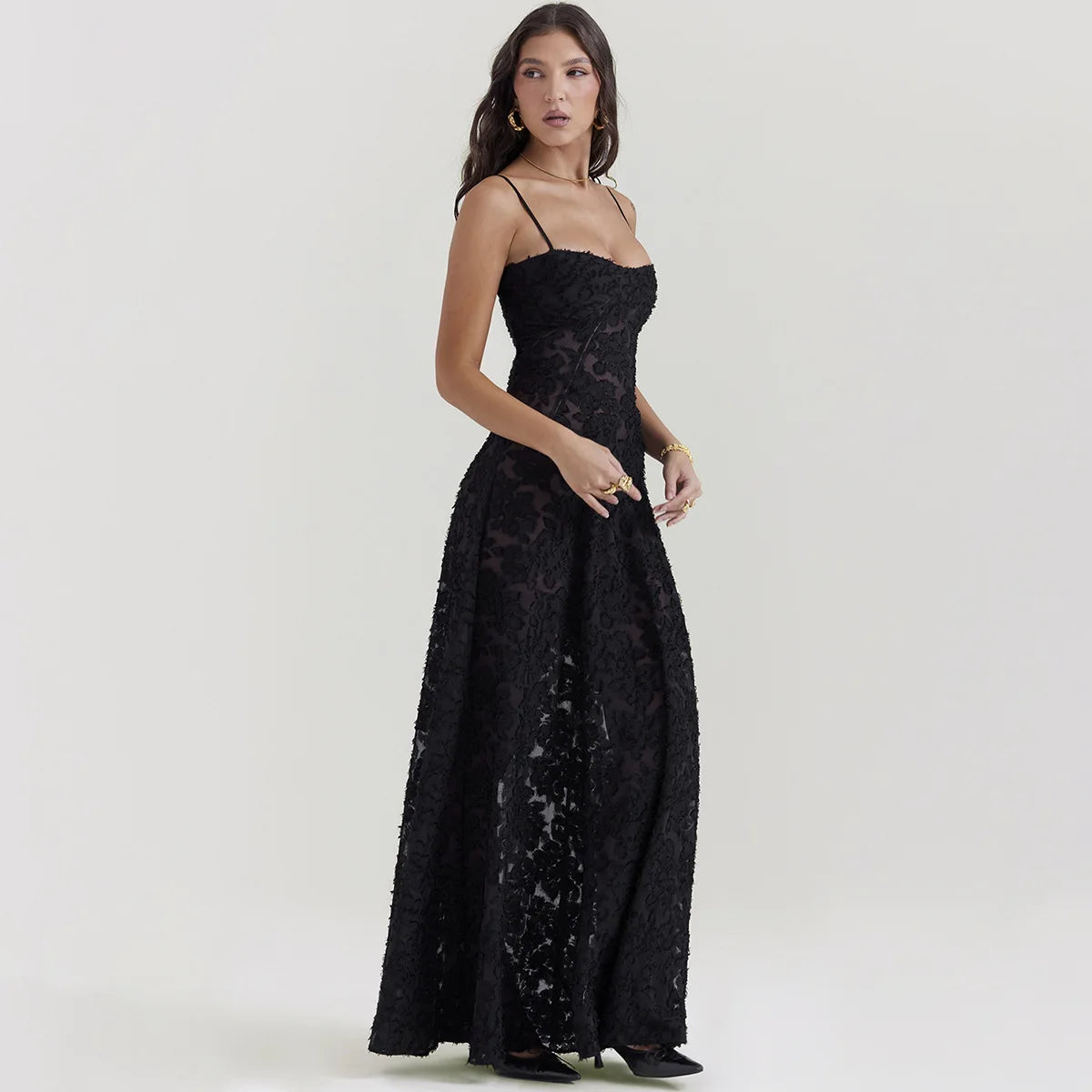 Robe longue noire de cérémonie Oligai, élégante robe de soirée à bretelles spaghetti, broderie transparente, vêtements pour femmes