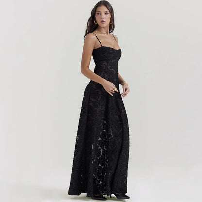 Oligai Maxi Black Formal Occasion Dress Elegant Spaghetti Strap Event Party Dresses Embroidery See Through Women's Clothing