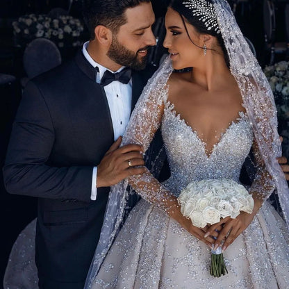 Vestido de novia modesto de manga larga con cuello redondo y lentejuelas brillantes 2024, vestido de novia largo de lujo de Dubái