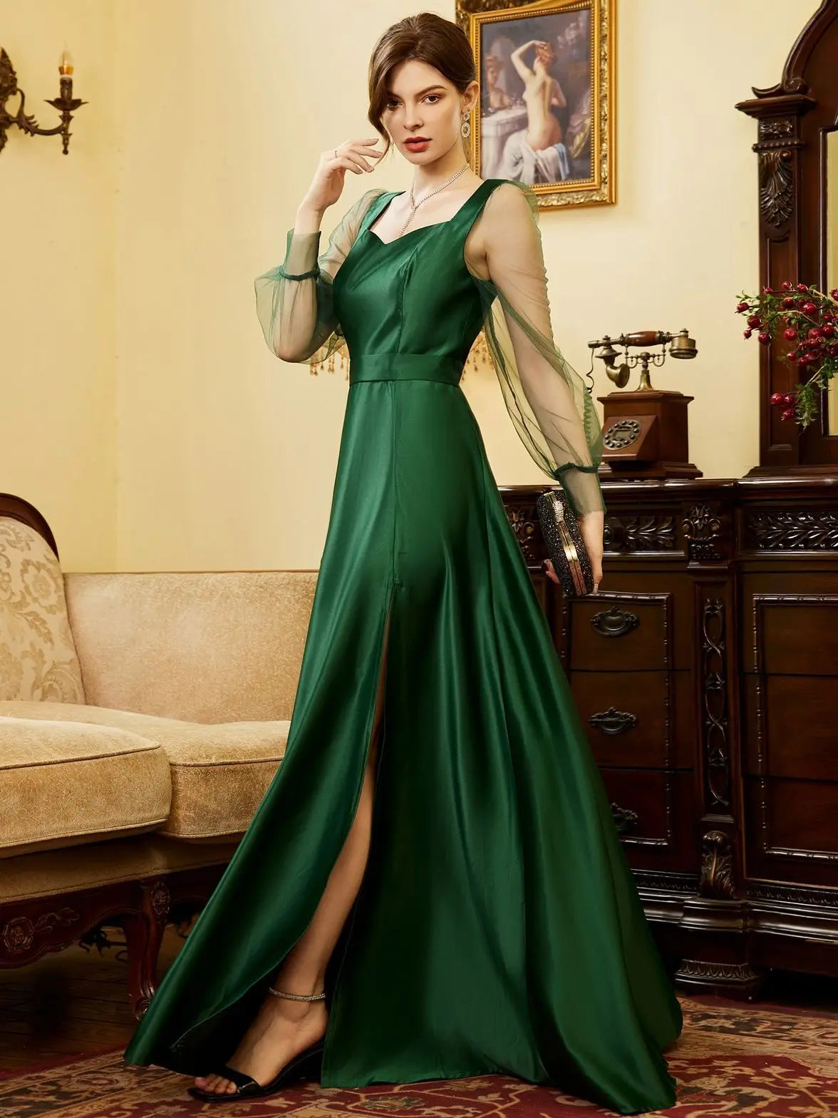 Vestidos largos de satén verde para mujer, para invitados de boda, fiesta de noche, vestidos largos de cóctel con abertura y manga larga