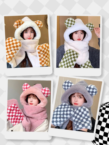 Bear Hat Women's All-Match Autumn and Winter Scarf All-in-One Warm Keeping Gloves Scarf Three-Piece Set