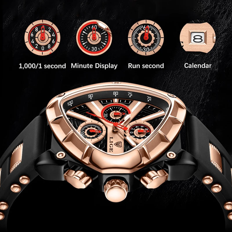 LIGE Reloj de moda para hombre, cronógrafo triangular, reloj de pulsera militar, deportivo, militar, relojes de lujo para hombre, reloj de cuarzo resistente al agua para hombre