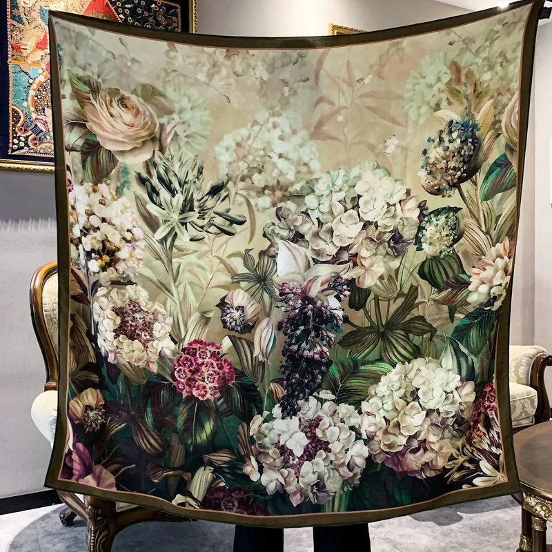 High-end Elegant Women's Exquisite Hydrangea Double-sided Printed Quality Silk Wool Hand-rolled Edge Large Square Scarf Shawl