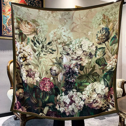 High-end Elegant Women's Exquisite Hydrangea Double-sided Printed Quality Silk Wool Hand-rolled Edge Large Square Scarf Shawl