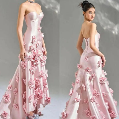 Jiayigong High Quality  Evening Satin Flower Ruched Formal  A-line Sweetheart Bespoke Occasion Gown Midi Dresses