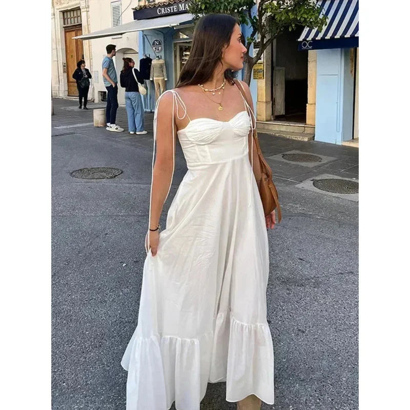 Beach Pleated Ruffle Hem Sling Women Dress Chic Solid Tube Sleeveless Backless A-line Long Dresses Summer Sexy Lace Up Lady Robe