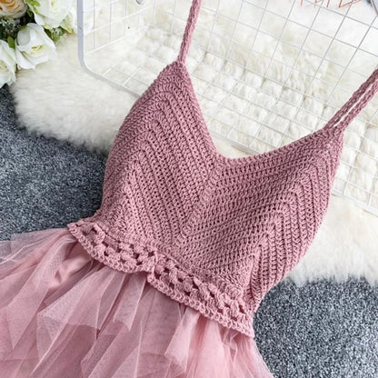 Summer Sleeveless Sling Gauze Tulle Dress Women knit V-neck Sexy Backless Long Dresses Sweet Mesh Pink Party Dress Vestidos