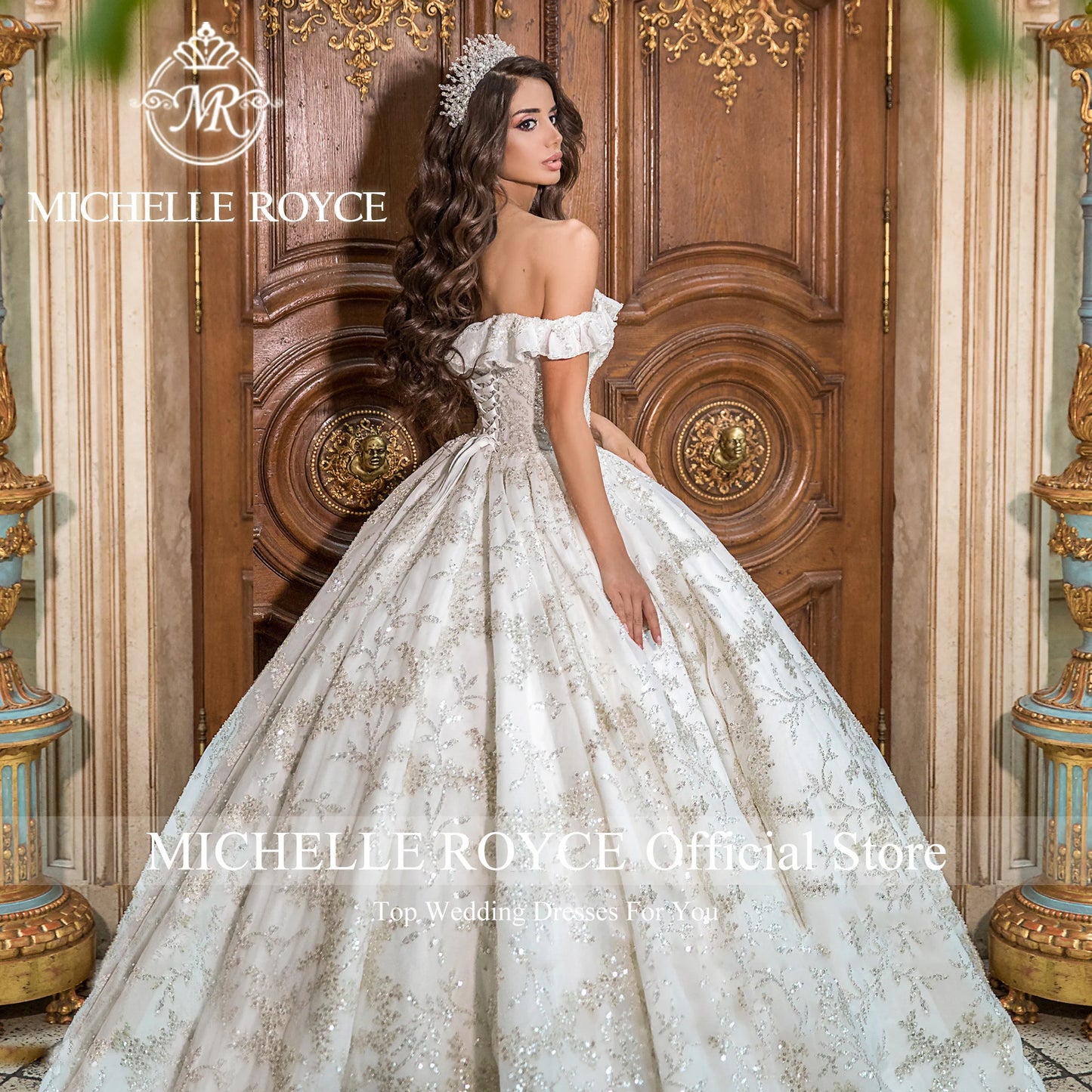 Robe de mariée de luxe Michelle Royce 2023 Robe de mariée à volants en cœur Robe de mariée à épaules dénudées à paillettes Robes de mariée