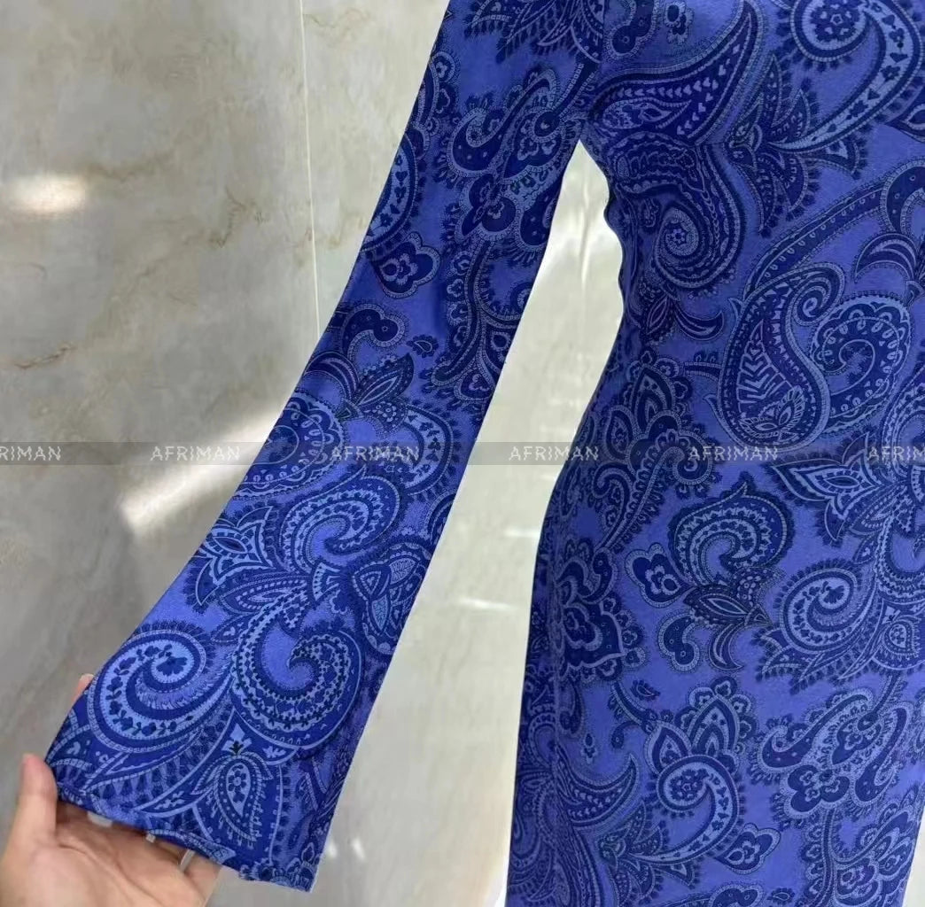 Vestido largo de lino con mangas acampanadas y espalda descubierta sexy con estampado retro azul nuevo 2024