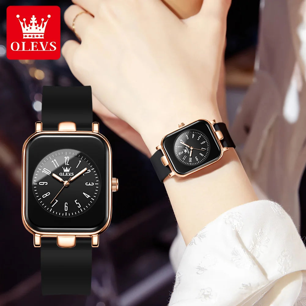 OLEVS 9961 Reloj de cuarzo original para mujer, relojes con correa de silicona, esfera digital cuadrada negra, reloj de pulsera impermeable para mujer, regalos