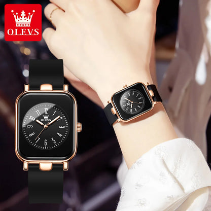 OLEVS 9961 Original Quartz Watch for Women Silicone Strap Watches Black Square Digital Dial Waterproof Ladies Wristwatch Gifts