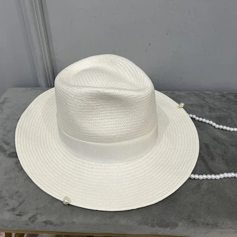 2024 summer new arrival Pearls-embellished Chain Strap Fedora Hat straw hat for women