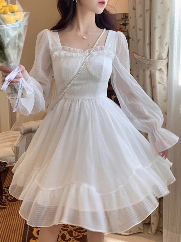 HOUZHOU Vestido Kawaii Blanco para Mujer, Estilo Lolita de Gasa, Mini Vestidos de Manga Larga, Túnica de Hada con Lazo, Volantes, Patchwork, Cuello Cuadrado