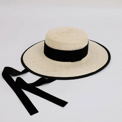 New Vintage Sunflower Grass Handmade Black Ribbon Flat Top Peaked Cap For Women Summer Fashion Holiday Sun Hat High Quality