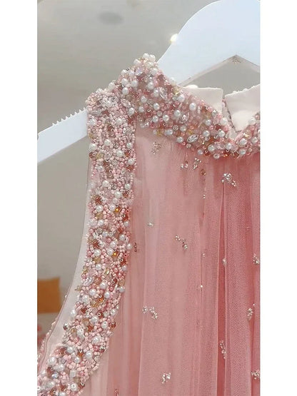 Robe longue de soirée rose à col rond et manches courtes pour femme, tenue de soirée ample et douce, style féerique et industriel, avec perles, été 2024