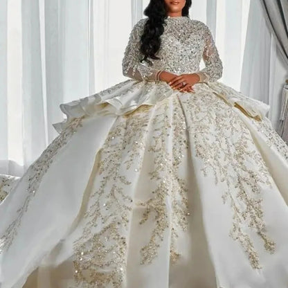 Vestido de novia modesto de cuello alto y manga larga con lentejuelas brillantes y cuentas, vestido de novia de lujo, vestido de novia largo