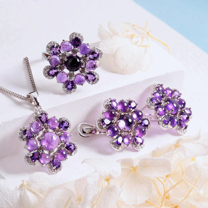 Natural amethyst ring earrings Pendant necklace Jewelry set S925 silver new light luxury gorgeous design women anniversary gift