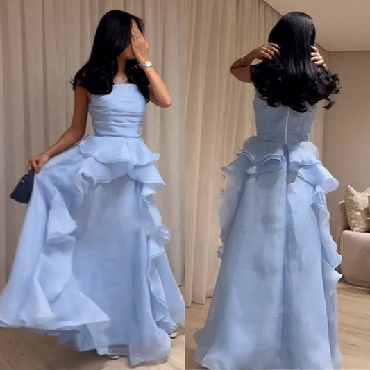 Crepe Tiered Wedding Party A-line Strapless Bespoke Occasion  Floor Length Saudi Arabia Prom Dresses