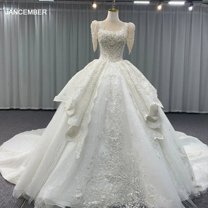 Popular Design Women's Long Dress For Wedding Organza With Embroidery Wedding Dresses Beading O-Neck Illusion Robe De Mariée