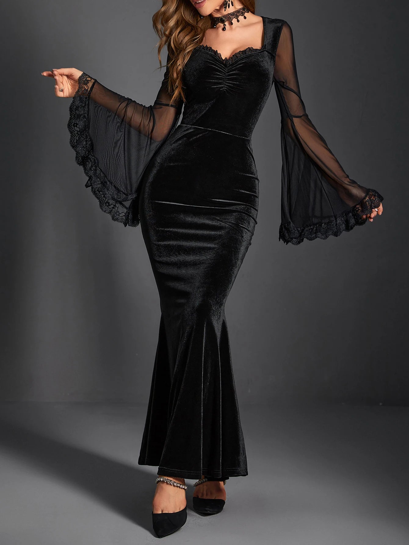 Goth Dark Velvet Elegant Gothic Punk Trumpet Dresses Grunge Ruched Mesh Flare Sleeve Evening Dress Female Sexy Formal Partywear