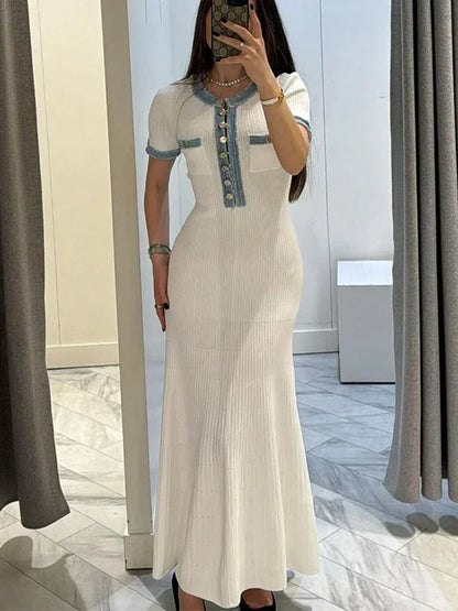 Elegant Patchwork Knitted Pocket Long Dresses Women Short Sleeve Buttons High Waist Wrap Hips Dress Fashion Commute Street Robes