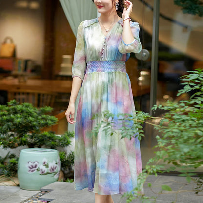 Elegant Vintage Dresses For Women 2024 Summer V-neck Women's Print Dress A-line 100% Real Silk Woman Fashion Holiday Long Dress