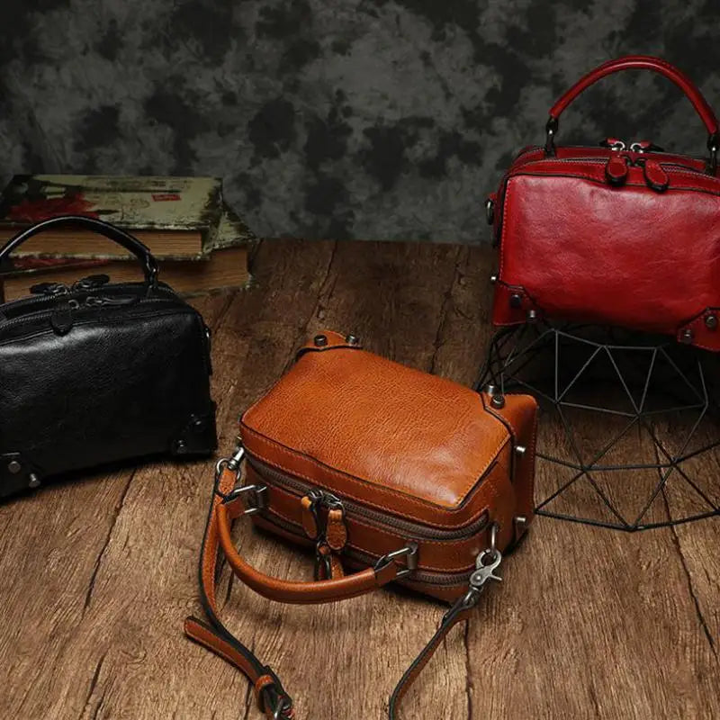 2022 New Retro Literary Handmade Leather Small Square Bag Double Zipper One Shoulder Diagonal Bag Hand-held Small Box Bag Female