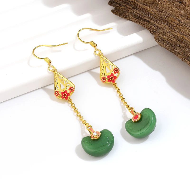 Pendientes de oro con lingotes de oro y jade esmeralda dorados Pendientes de oro k para mujer Joyas de lujo de diseñador Regalos para novias