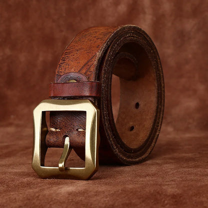 Cinturón de piel de vaca con capa de piel curtida vegetal antigua para hombre, estilo vintage, con hebilla de cobre, con personalidad de tendencia, ancho del cinturón: 3,8 cm