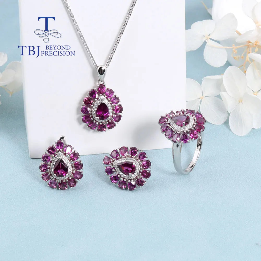 Natural Rhodolite garnet Rings Earring Necklace jewelry set 925 silver fine jewelry for women luxury anniversary party gift