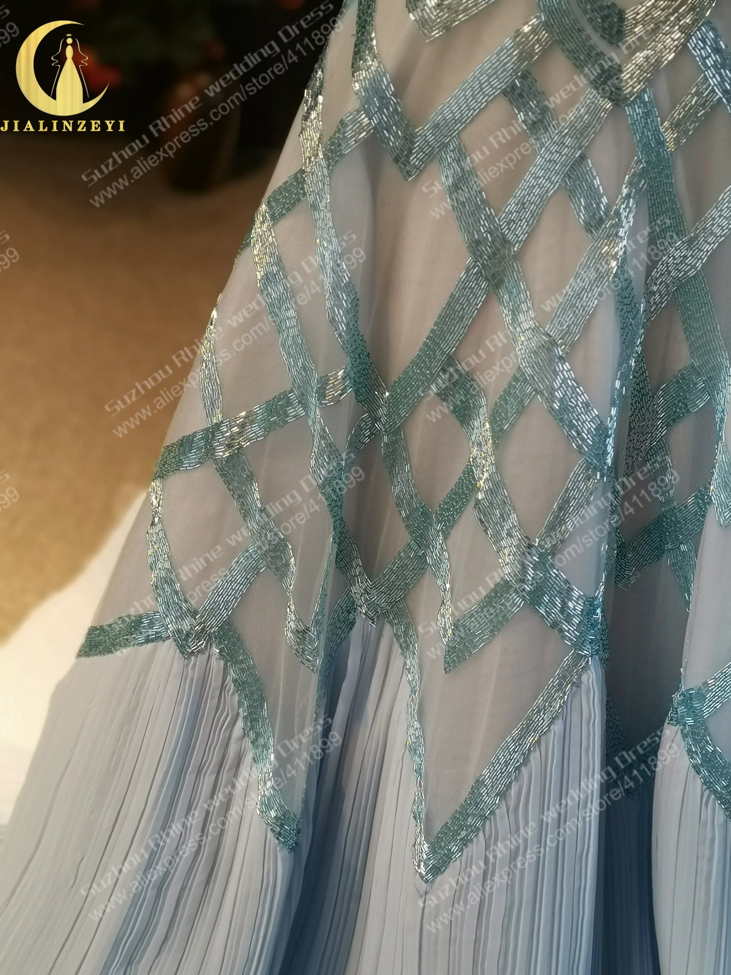 1235 Rhin Halter Bleu Luxueux Perlé A-ligne Mode robe de soirée de mariage فساتين السهرة فساتين السهرة Robe de soirée