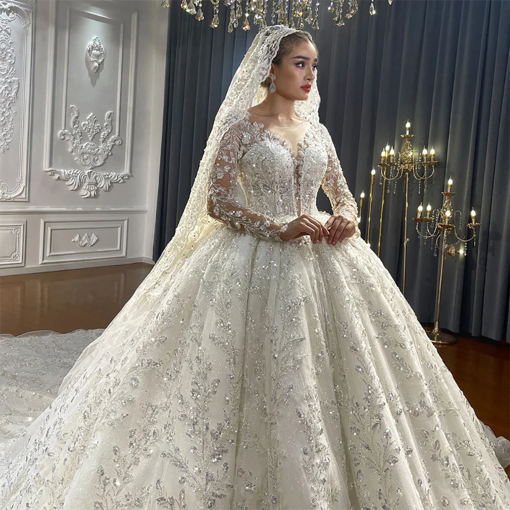 Superbe robe de mariée trapèze pour femmes, appliques, paillettes, robe de mariée, col rond, jupe, traine, manches longues