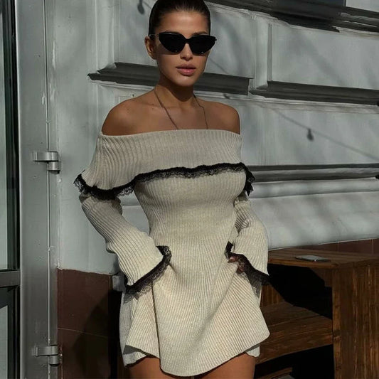 Oligai  Autumn Off The Shoulder Sweater Dress 2024 Elegant Long Sleeve Knitted Dress Sexy Causal Warm White Dress Women