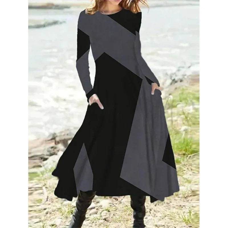 Autumn And Winter Women's Leisure Ethnic Style Long Sleeve Swing Long Dress Fashion Retro Geometric Print Round Neck Dresses