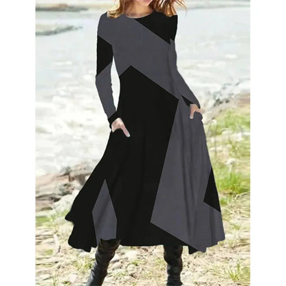 Autumn And Winter Women's Leisure Ethnic Style Long Sleeve Swing Long Dress Fashion Retro Geometric Print Round Neck Dresses