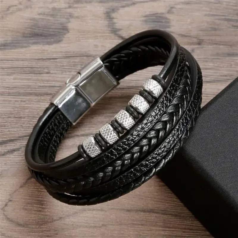 Pulsera de cuero de acero inoxidable para hombre, pulsera de cuentas clásica multicapa tejida a mano, joyería de moda para hombre, venta al por mayor, envío directo