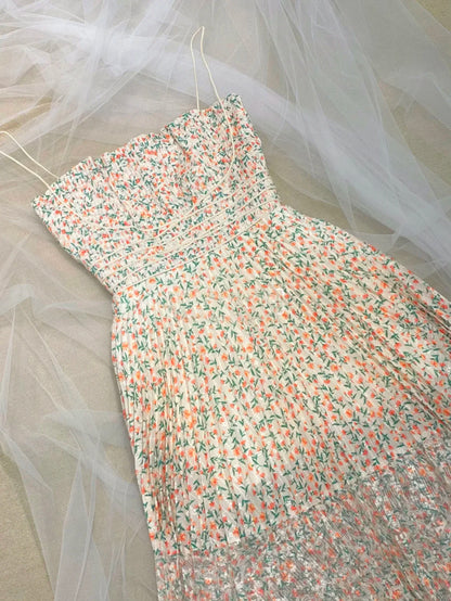 Robe d'invité de mariage pour femme, style français, robe plissée à fleurs vintage d'été, robe plissée à bretelles spaghetti, taille haute