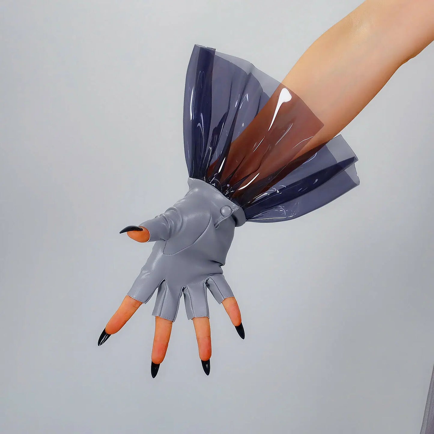 DooWay Women's Gray CLEAR Half Finger Plastic GLOVES PVC Ruffle Faux Leather Short Christmas Wedding Runway Fingerless Glove