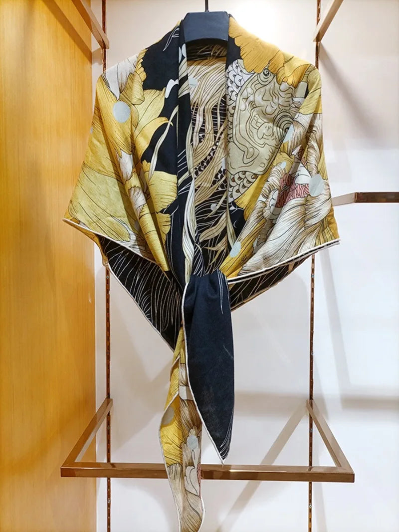 High-end Elegant Women's Exquisite Black Gold Goldfish Printed High Quality Silk Wool Hand-rolled Edge Warm Scarf Shawl Wrap