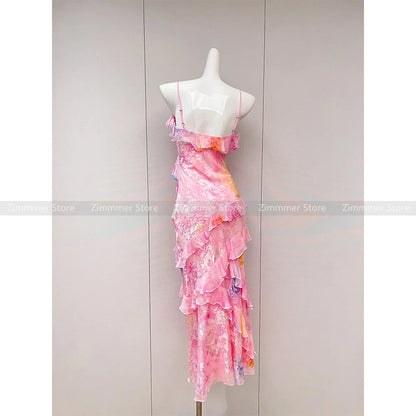 High Quality! Floral Slim Halter Dress Women 2024 Summer New Seaside Holiday Beach Ruffle Halter Long Skirt