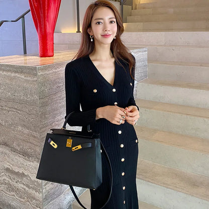 Vintage Korean Maxi Dresses for Women Party Long Sleeve V-neck Mermaid Dress Elegant Fashion Ladies Vestidos Femme Autumn 2023