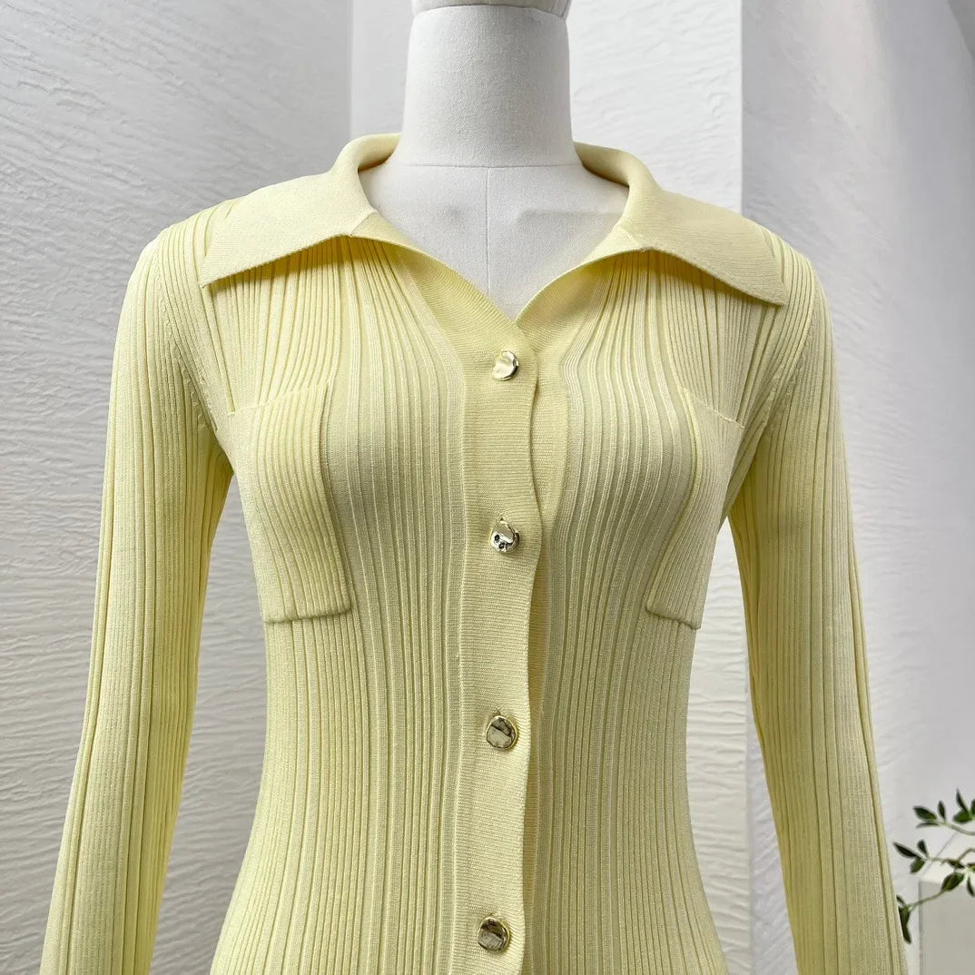 Yellow Slim Fit Knit Long Sleeve Midi Mermaid Dress Top Quality 2024 New Women Clothing