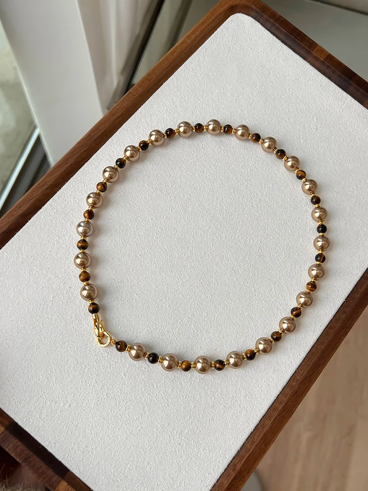 Tiger Eye Stone Freshwater Pearl Necklace K Women's Gold Necklace Women's Party Necklace Exquisite Jewelry Gift